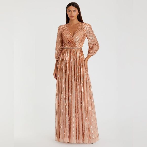 Mac Duggal 5509 SEQUINED WRAP OVER 3/4 SLEEVE GOWN - Picture 2 of 16